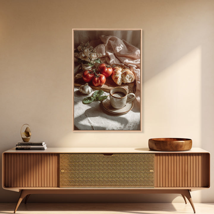 Tomatoes Garlic and Basil on Linen Canvas Print, Kitchen Art, Bar Cart Decor, Kitchen Decor, Kitchen, Minimalist Decor, KIT-2x3-11