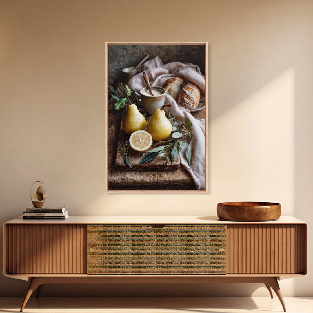 Farmhouse Pears on a Wooden Board Framed Canvas Print, Kitchen Art, Wall Decor, Kitchen Decor, Abstract Art, Kitchen, KIT-2x3-17