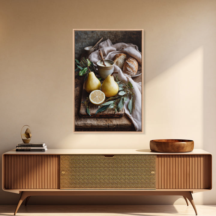 Farmhouse Pears on a Wooden Board Framed Canvas Print, Kitchen Art, Wall Decor, Kitchen Decor, Abstract Art, Kitchen, KIT-2x3-17