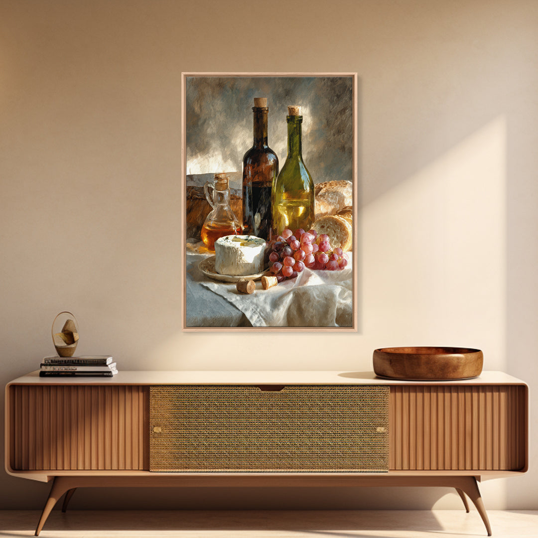 Wine Bottle Grapes and Cheese Still Life Framed Canvas Print, Kitchen Art, Print, Kitchen Decor, Oil Painting, Kitchen, KIT-2x3-20