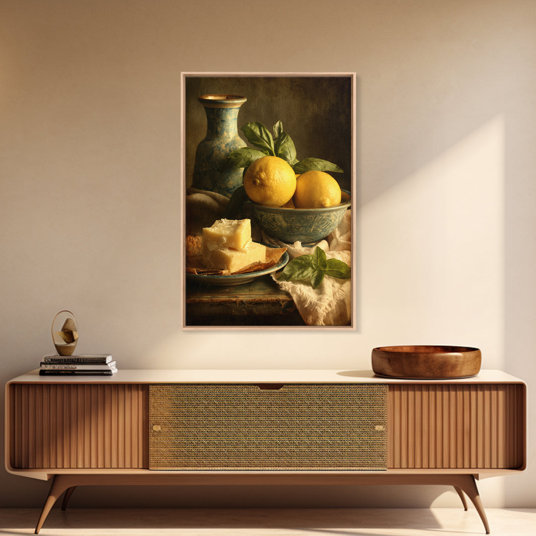 Pasta Lemons and Basil Mediterranean Still Life Framed Canvas Print, Kitchen Art, Wall Art, Kitchen Decor, Fine Art, Kitchen, KIT-2x3-25