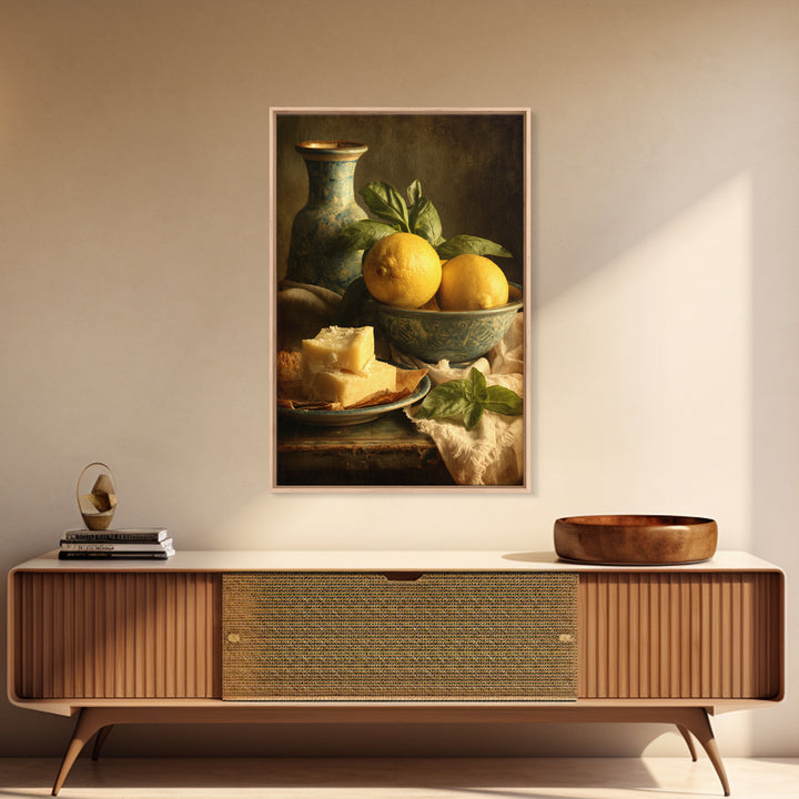 Pasta Lemons and Basil Mediterranean Still Life Framed Canvas Print, Kitchen Art, Wall Art, Kitchen Decor, Fine Art, Kitchen, KIT-2x3-25