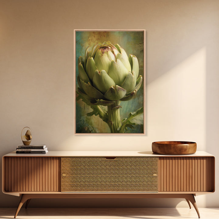 Artichoke Closeup in Painterly Green Tones Framed Canvas Print, Kitchen Art, Digital Print, Kitchen Decor, Fine Art, Kitchen, KIT-2x3-28