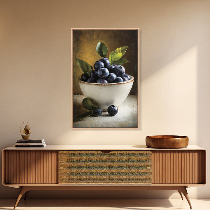 Blueberries in a White Bowl Framed Canvas Print, Kitchen Art, Coffee Print, Kitchen Decor, Fine Art, Kitchen, Textured Painting, KIT-2x3-3