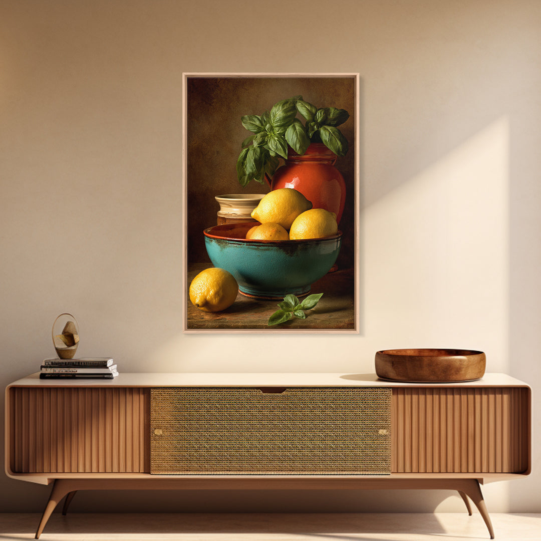 Lemons and Blue Ceramic Bowl Still Life Framed Canvas Print, Kitchen Art, Contemporary Art, Kitchen Decor, Fine Art, Kitchen, KIT-2x3-34
