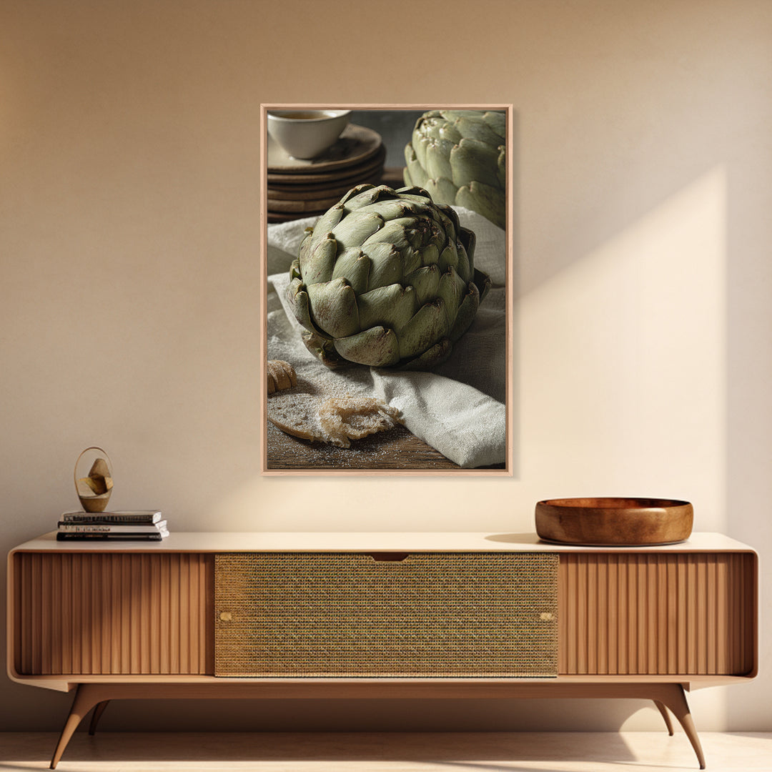 Artichoke Closeup in Painterly Green Tones Framed Canvas Print, Kitchen Art, Statement Artwork, Kitchen Decor, Kitchen, KIT-2x3-4