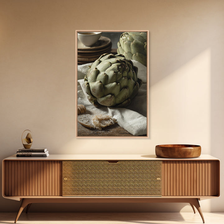 Artichoke Closeup in Painterly Green Tones Framed Canvas Print, Kitchen Art, Statement Artwork, Kitchen Decor, Kitchen, KIT-2x3-4
