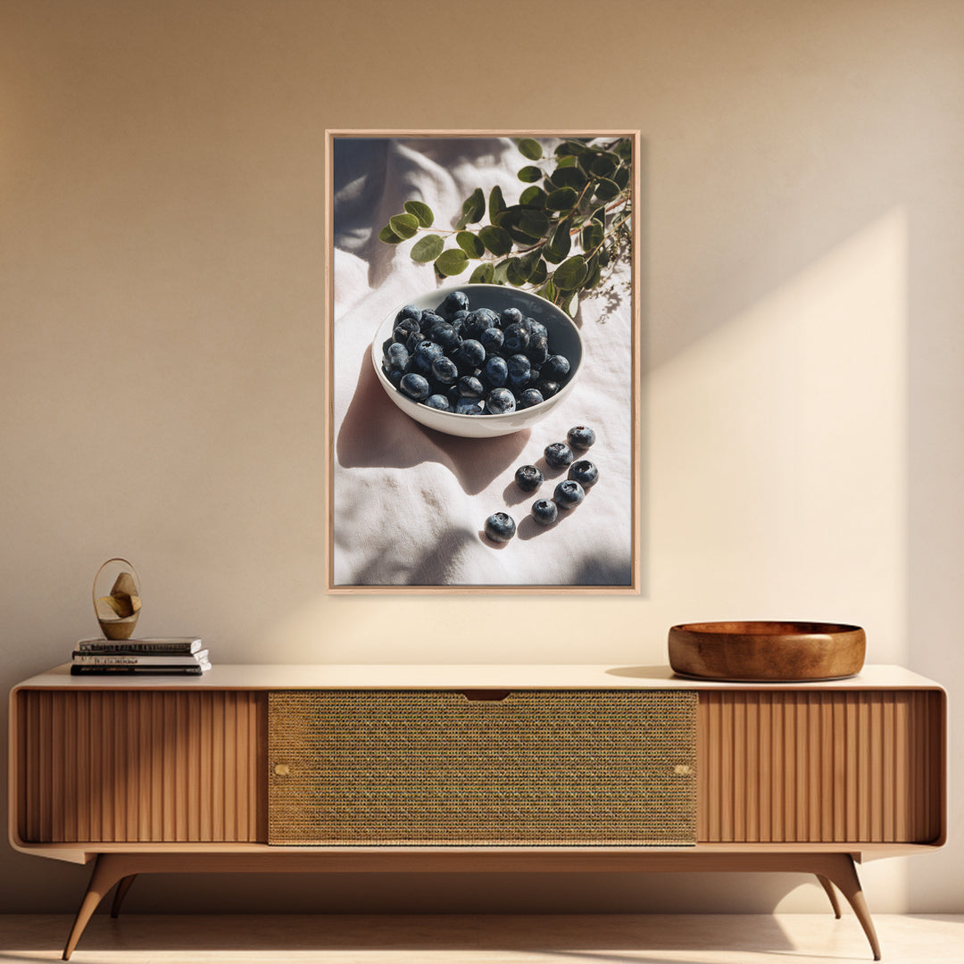 Blueberries in a White Bowl Framed Canvas Print, Kitchen Art, Room Decor, Kitchen Decor, Oil Painting, Kitchen, Digital Art, KIT-2x3-51