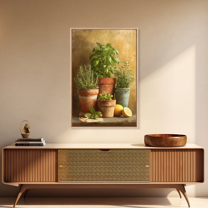 Fresh Herbs in Terracotta Pots Canvas Print, Kitchen Art, Digital Print, Kitchen Decor, Oil Painting, Kitchen, Kitchen Print, KIT-2x3-57