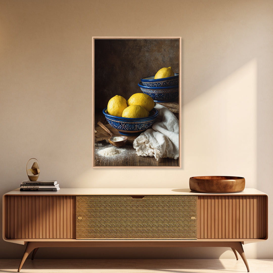 Lemons and Blue Ceramic Bowl Still Life Canvas Print, Kitchen Art, Prints, Kitchen Decor, Fine Art, Kitchen, Kitchen Wall Decor, KIT-2x3-58