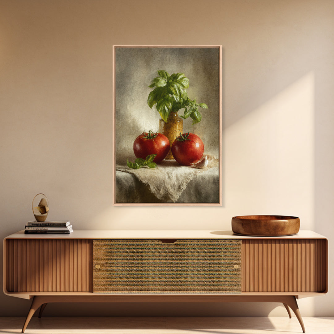 Tomatoes Garlic and Basil on Linen Framed Canvas Print, Kitchen Art, Kitchen, Kitchen Decor, Abstract Art, Kitchen, KIT-2x3-59