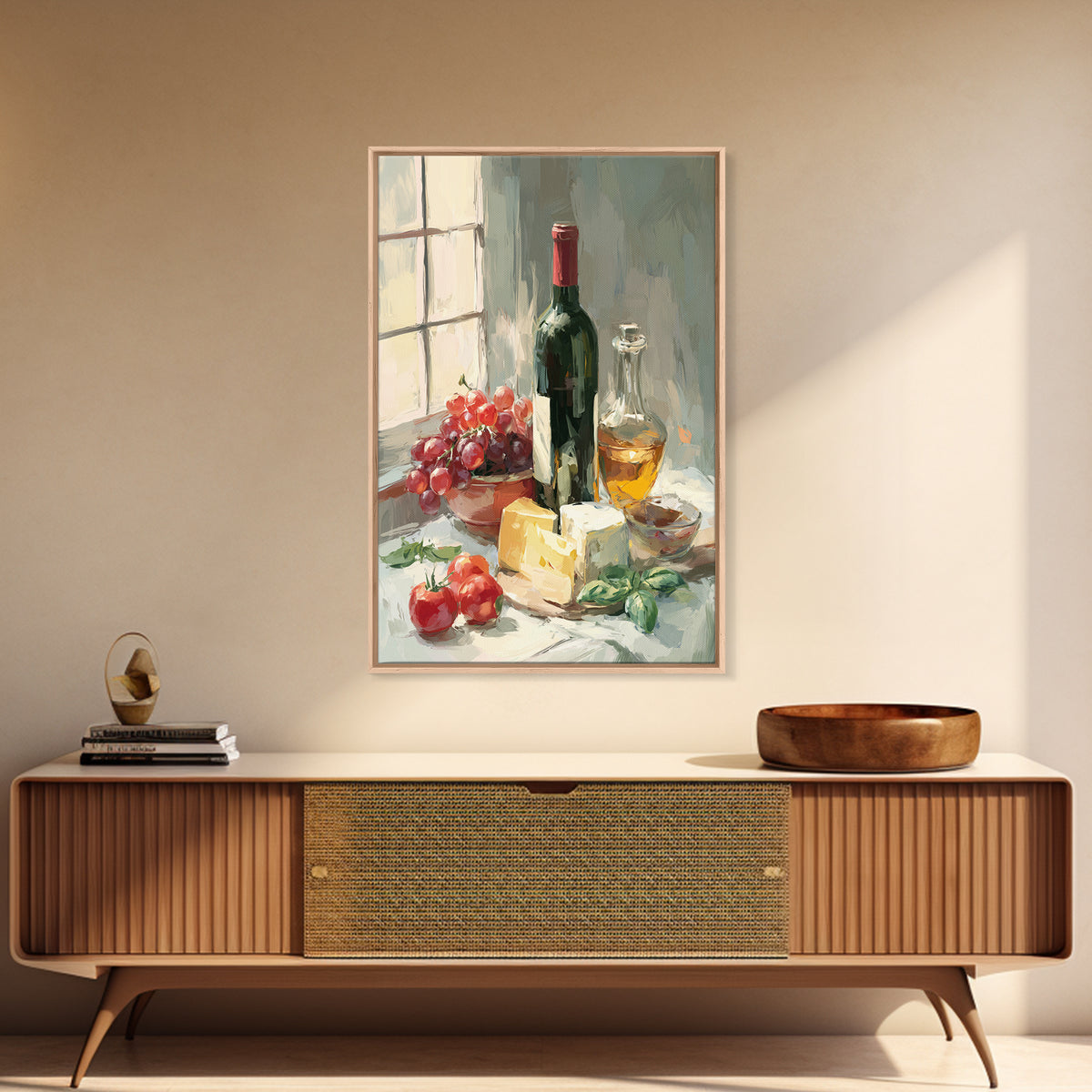 Wine Bottle Grapes and Cheese Still Life Framed Canvas Print, Kitchen Art, Digital Art, Kitchen Decor, Fine Art, Kitchen, KIT-2x3-68