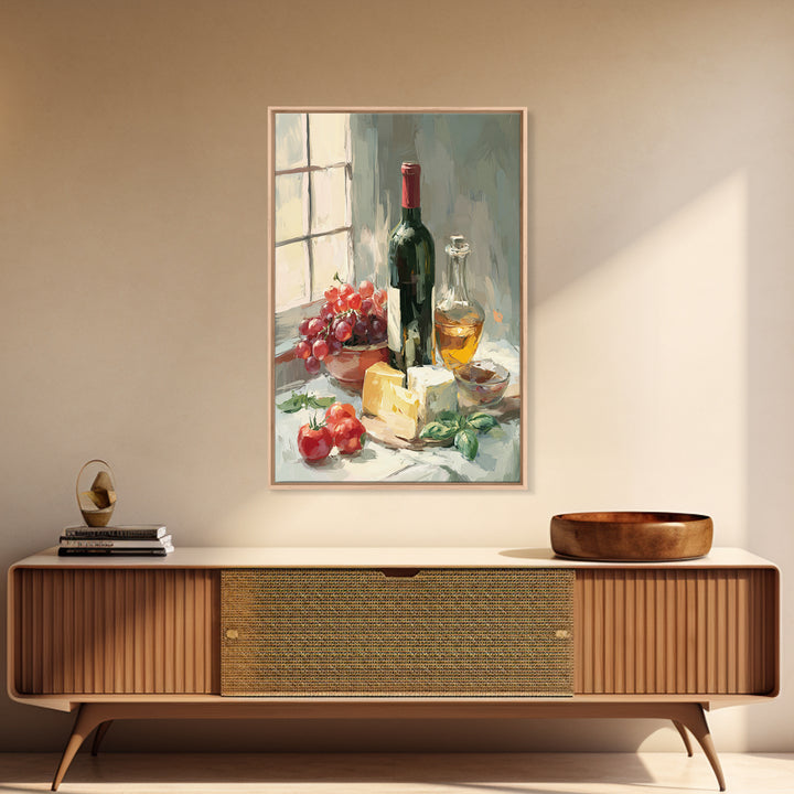 Wine Bottle Grapes and Cheese Still Life Framed Canvas Print, Kitchen Art, Digital Art, Kitchen Decor, Fine Art, Kitchen, KIT-2x3-68