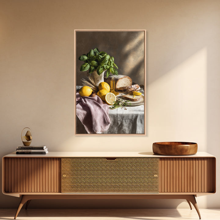 Pasta Lemons and Basil Mediterranean Still Life Framed Canvas Print, Kitchen Art, Kitchen Decor, Kitchen, Trendy Wall Art, KIT-2x3-73