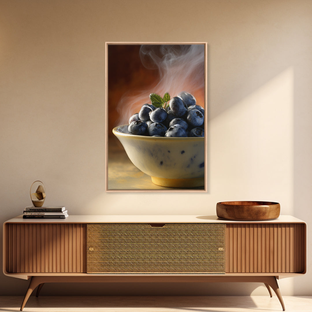 Blueberries in a White Bowl Framed Canvas Print, Kitchen Art, Art Prints, Kitchen Decor, Fine Art, Kitchen, Modern Art, KIT-2x3-75