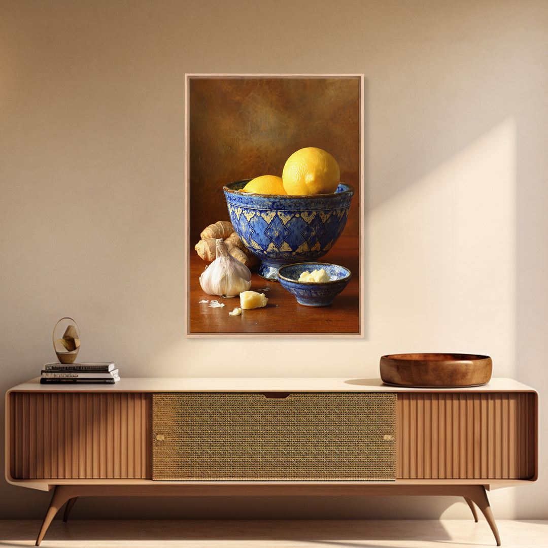 Lemons and Blue Ceramic Bowl Still Life Canvas Print, Kitchen Art, Prints, Kitchen Decor, Fine Art, Kitchen, Kitchen Wall Decor, KIT-2x3-82