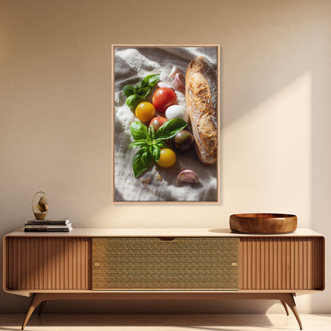 Tomatoes Garlic and Basil on Linen Framed Canvas Print, Kitchen Art, Printable Art, Kitchen Decor, Fine Art, Kitchen, KIT-2x3-83