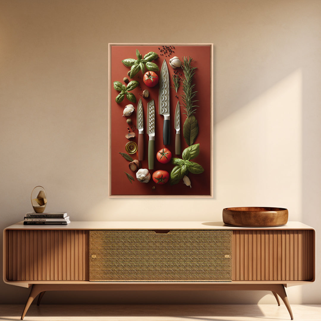 Chef Knives and Herbs Arranged as Graphic Framed Canvas Print, Kitchen Art, Art Prints, Kitchen Decor, Fine Art, Kitchen, KIT-2x3-90