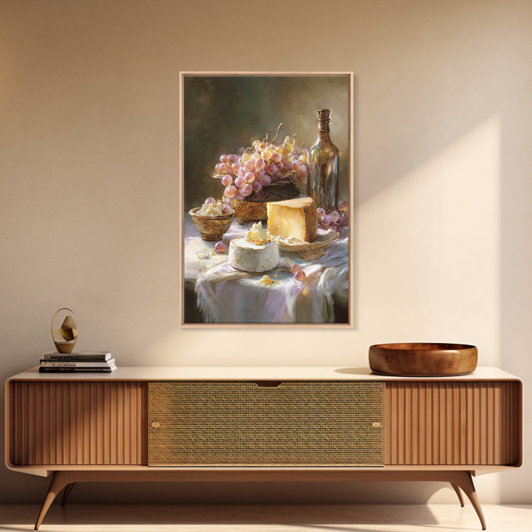 Wine Bottle Grapes and Cheese Still Life Framed Canvas Print, Kitchen Art, Gallery Decor, Kitchen Decor, Abstract Art, Kitchen, KIT-2x3-92