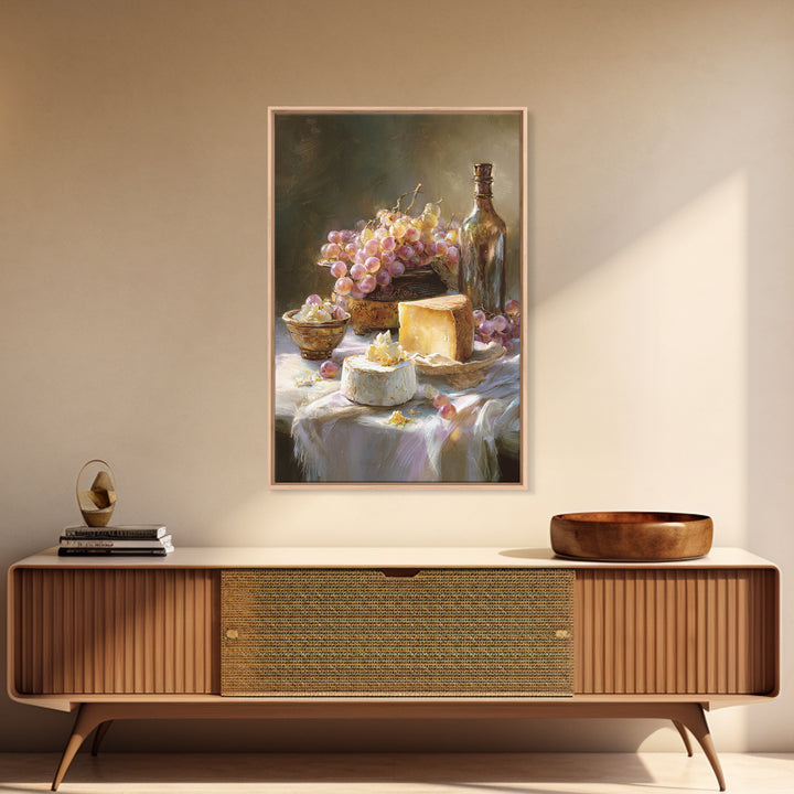 Wine Bottle Grapes and Cheese Still Life Framed Canvas Print, Kitchen Art, Gallery Decor, Kitchen Decor, Abstract Art, Kitchen, KIT-2x3-92
