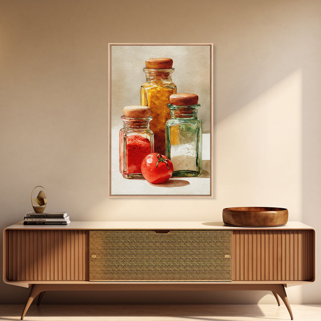 Watercolor Spice Jars Without Readable Labels Framed Canvas Print, Kitchen Art, Art Deco, Kitchen Decor, Fine Art, Kitchen, KIT-2x3-93