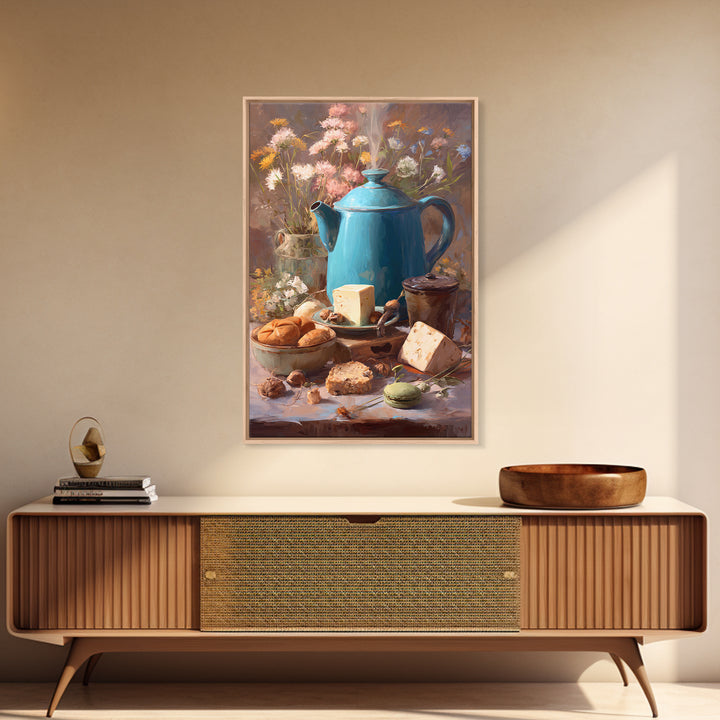 Tea Kettle with Steam and Wildflowers Framed Canvas Print, Kitchen Art, Digital Art, Kitchen Decor, Watercolor Art, Kitchen, KIT-2x3-94