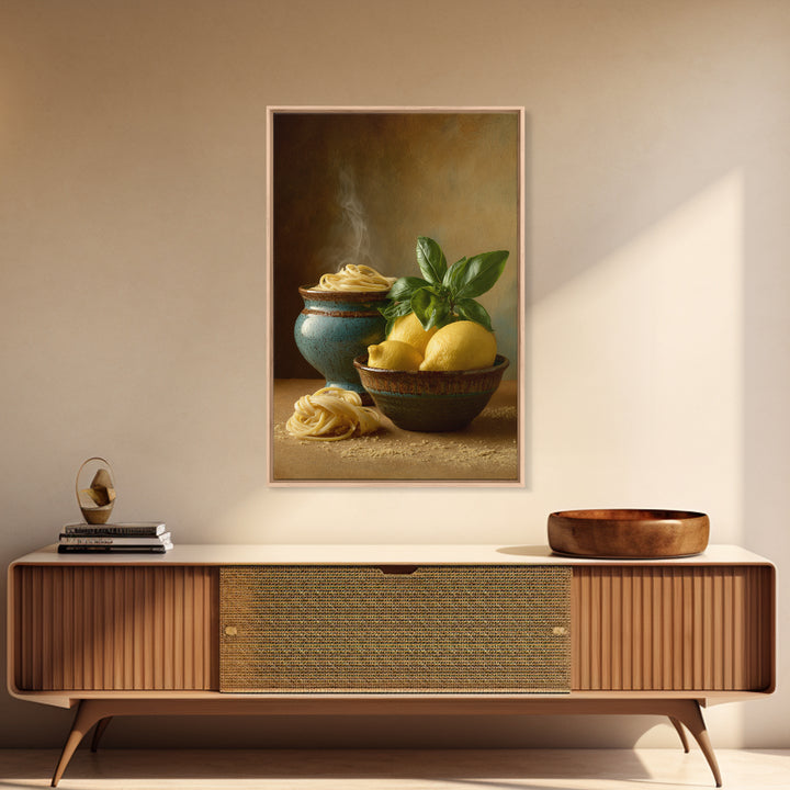 Pasta Lemons and Basil Mediterranean Still Life Framed Canvas Print, Kitchen Art, Kitchen Decor, Kitchen, Trendy Wall Art, KIT-2x3-97