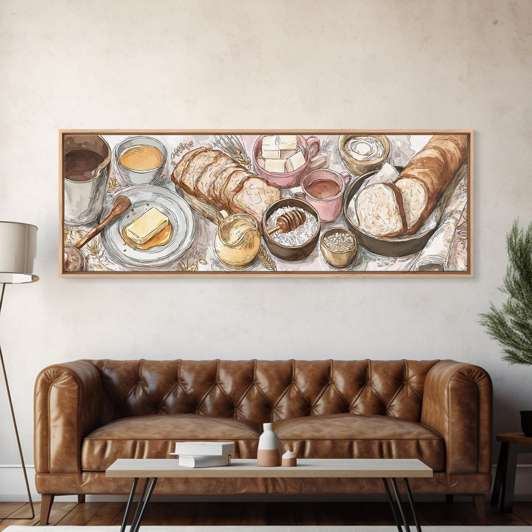 Fresh Bread with Butter and Honey Framed Canvas Print, Kitchen Art, Home Decor, Kitchen Decor, Fine Art, Kitchen, Digital Print, KIT-3x1-10