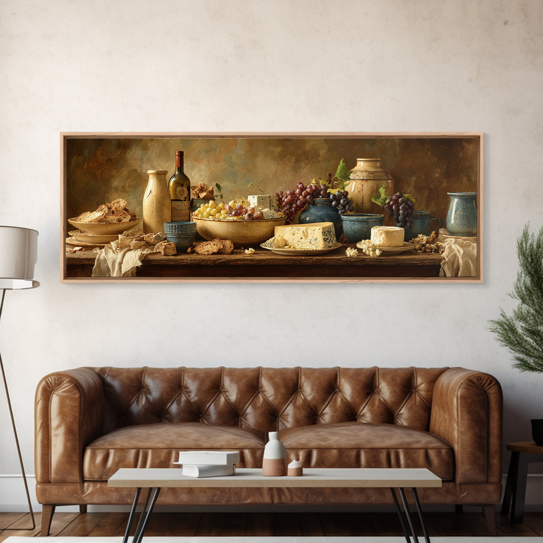 Wine Bottle Grapes and Cheese Still Life Canvas Print, Kitchen Art, Modern Decor, Kitchen Decor, Abstract Art, Kitchen, KIT-3x1-100