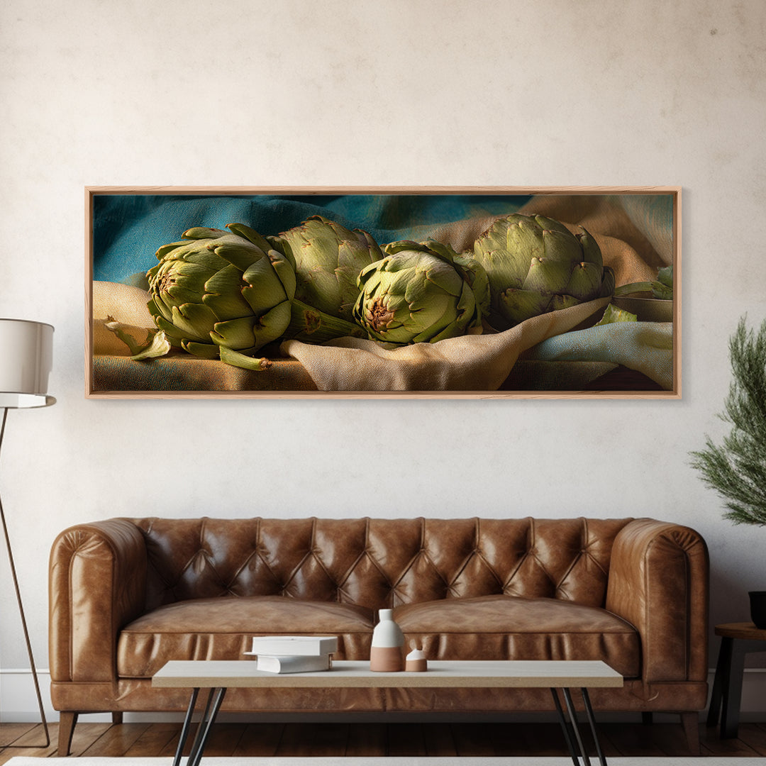 Artichoke Closeup in Painterly Green Tones Framed Canvas Print, Kitchen Art, Trendy Wall Art, Kitchen Decor, Fine Art, Kitchen, KIT-3x1-12