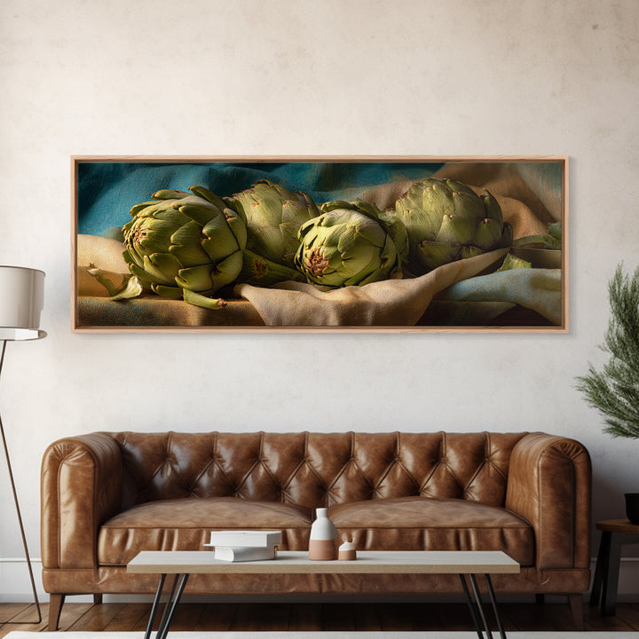 Artichoke Closeup in Painterly Green Tones Framed Canvas Print, Kitchen Art, Trendy Wall Art, Kitchen Decor, Fine Art, Kitchen, KIT-3x1-12