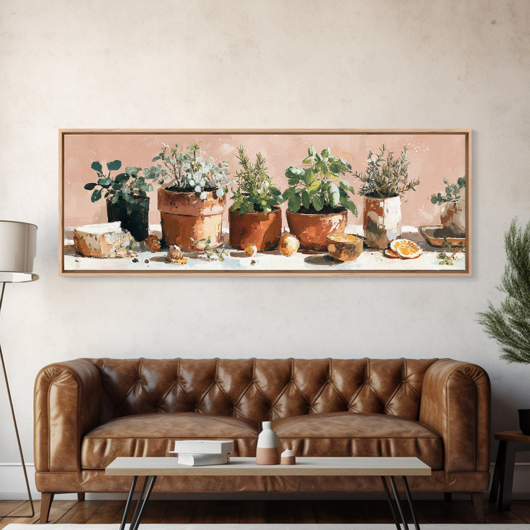 Fresh Herbs in Terracotta Pots Framed Canvas Print, Kitchen Art, Kitchen Wall Decor, Kitchen Decor, Fine Art, Kitchen, KIT-3x1-17