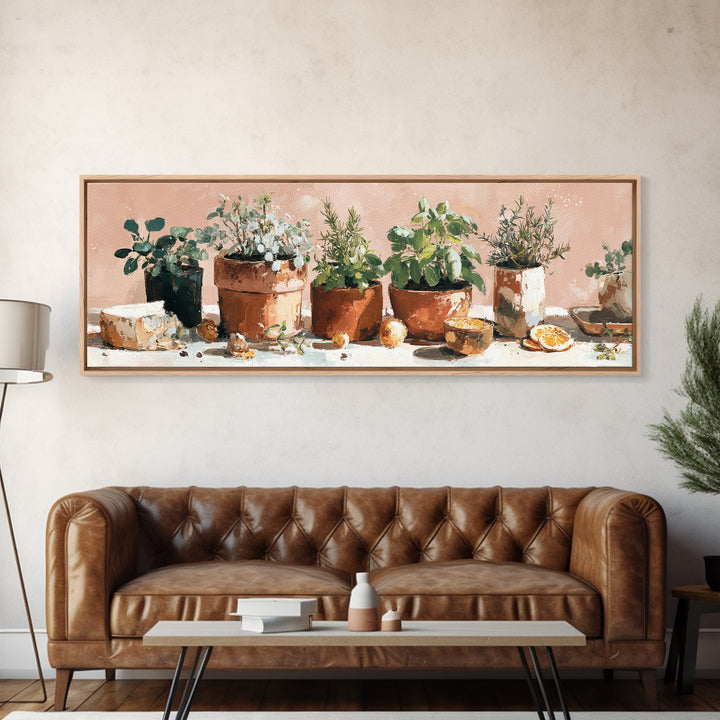 Fresh Herbs in Terracotta Pots Framed Canvas Print, Kitchen Art, Kitchen Wall Decor, Kitchen Decor, Fine Art, Kitchen, KIT-3x1-17