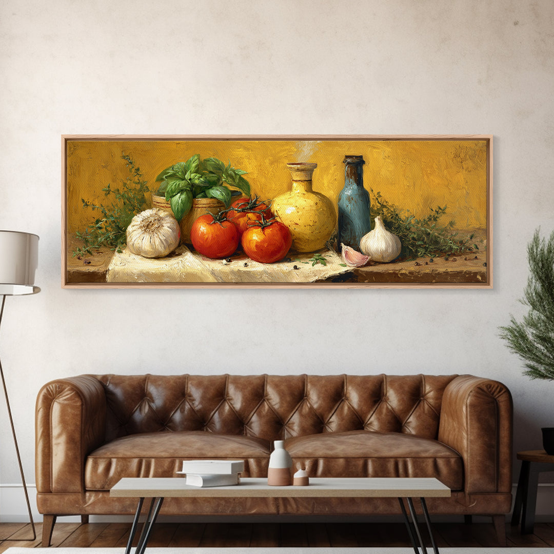 Tomatoes Garlic and Basil on Linen Canvas Print, Kitchen Art, Statement Artwork, Kitchen Decor, Abstract Art, Kitchen, KIT-3x1-19