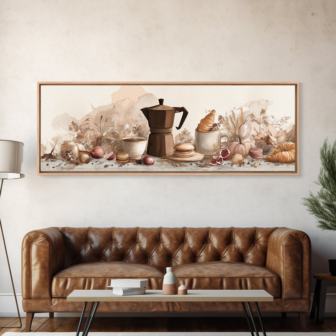 Coffee Pot and Croissant Morning Still Life Framed Canvas Print, Kitchen Art, Boho Decor, Kitchen Decor, Fine Art, Kitchen, KIT-3x1-23