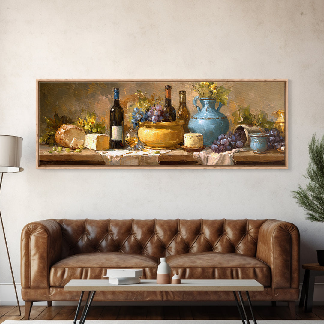 Wine Bottle Grapes and Cheese Still Life Framed Canvas Print, Kitchen Art, Coffee Print, Kitchen Decor, Oil Painting, Kitchen, KIT-3x1-28