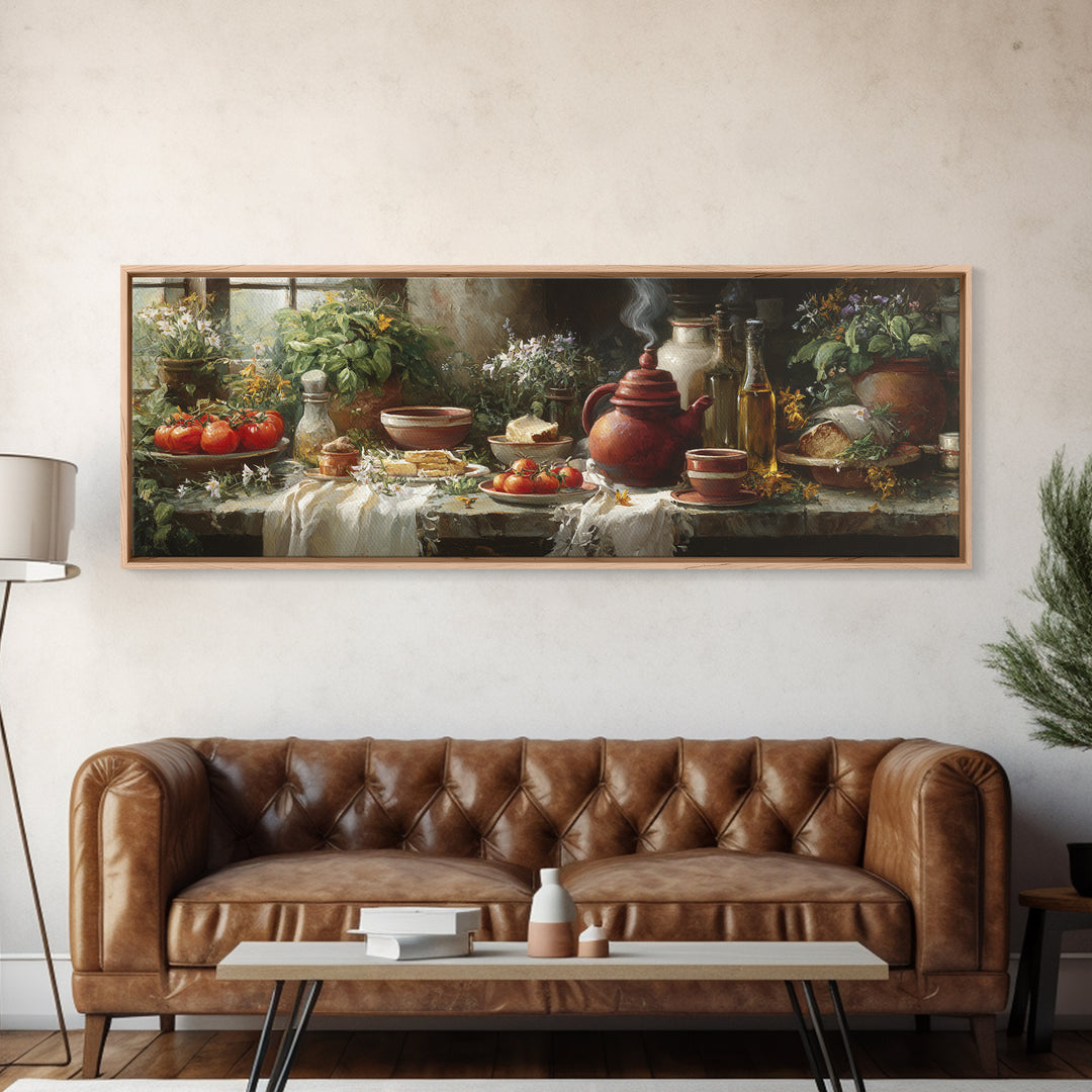 Tea Kettle with Steam and Wildflowers Canvas Print, Kitchen Art, Wall Art, Kitchen Decor, Watercolor Art, Kitchen, KIT-3x1-30