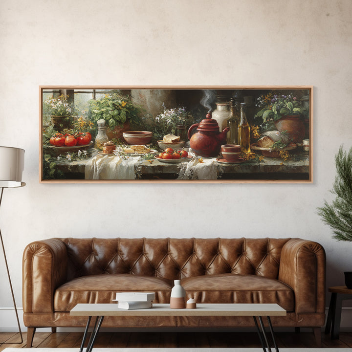 Tea Kettle with Steam and Wildflowers Canvas Print, Kitchen Art, Wall Art, Kitchen Decor, Watercolor Art, Kitchen, KIT-3x1-30