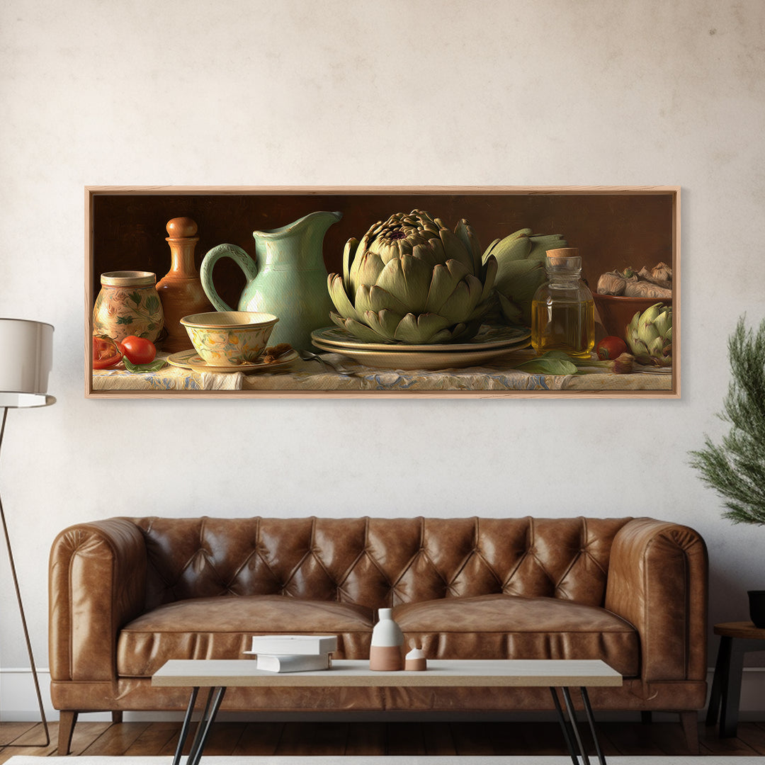 Artichoke Closeup in Painterly Green Tones Canvas Print, Kitchen Art, Bar Cart Decor, Kitchen Decor, Fine Art, Kitchen, KIT-3x1-36