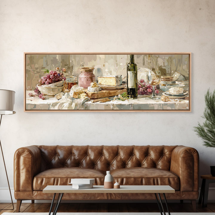 Wine Bottle Grapes and Cheese Still Life Canvas Print, Kitchen Art, Kitchen Prints, Kitchen Decor, Watercolor Art, Kitchen, KIT-3x1-4