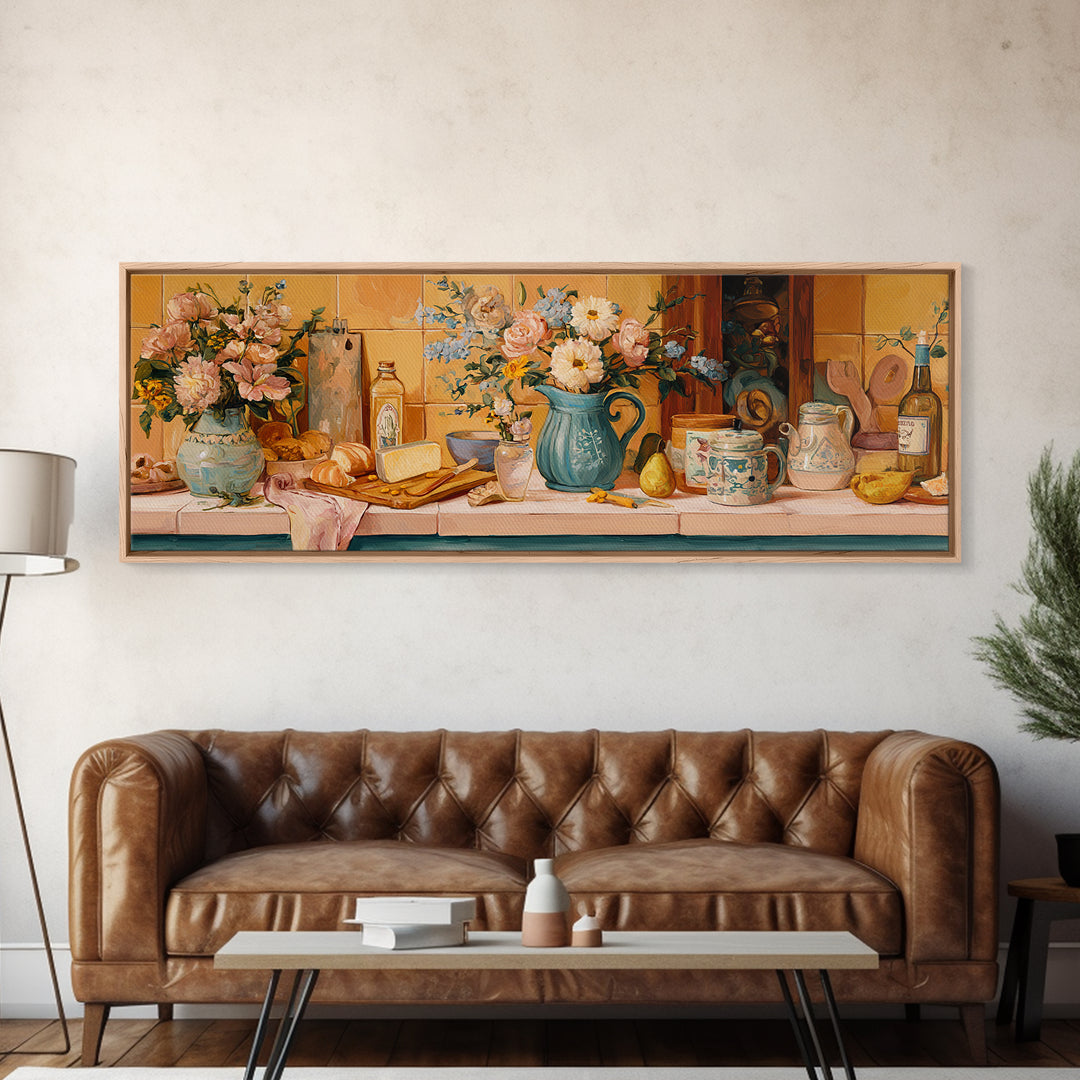 Floral Bouquet in a Kitchen Pitcher Canvas Print, Kitchen Art, Gallery Decor, Kitchen Decor, Oil Painting, Kitchen, KIT-3x1-40