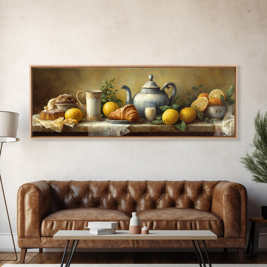 Coffee Pot and Croissant Morning Still Life Framed Canvas Print, Kitchen Art, Kitchen, Kitchen Decor, Oil Painting, Kitchen, KIT-3x1-47