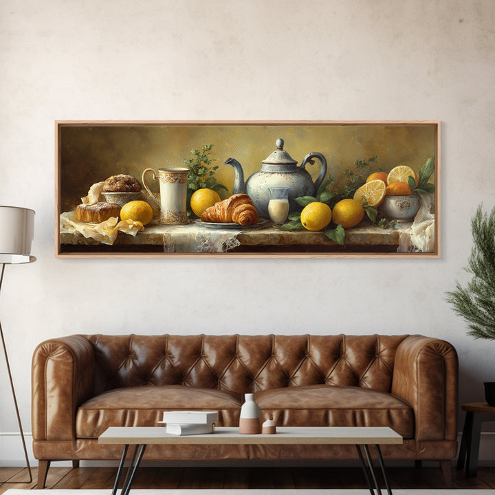 Coffee Pot and Croissant Morning Still Life Framed Canvas Print, Kitchen Art, Kitchen, Kitchen Decor, Oil Painting, Kitchen, KIT-3x1-47
