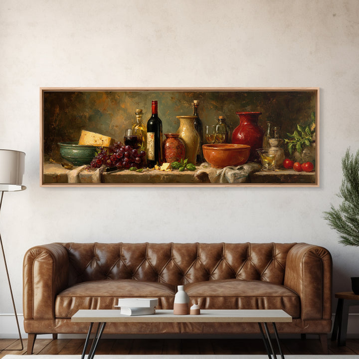 Wine Bottle Grapes and Cheese Still Life Framed Canvas Print, Kitchen Art, Room Decor, Kitchen Decor, Abstract Art, Kitchen, KIT-3x1-52