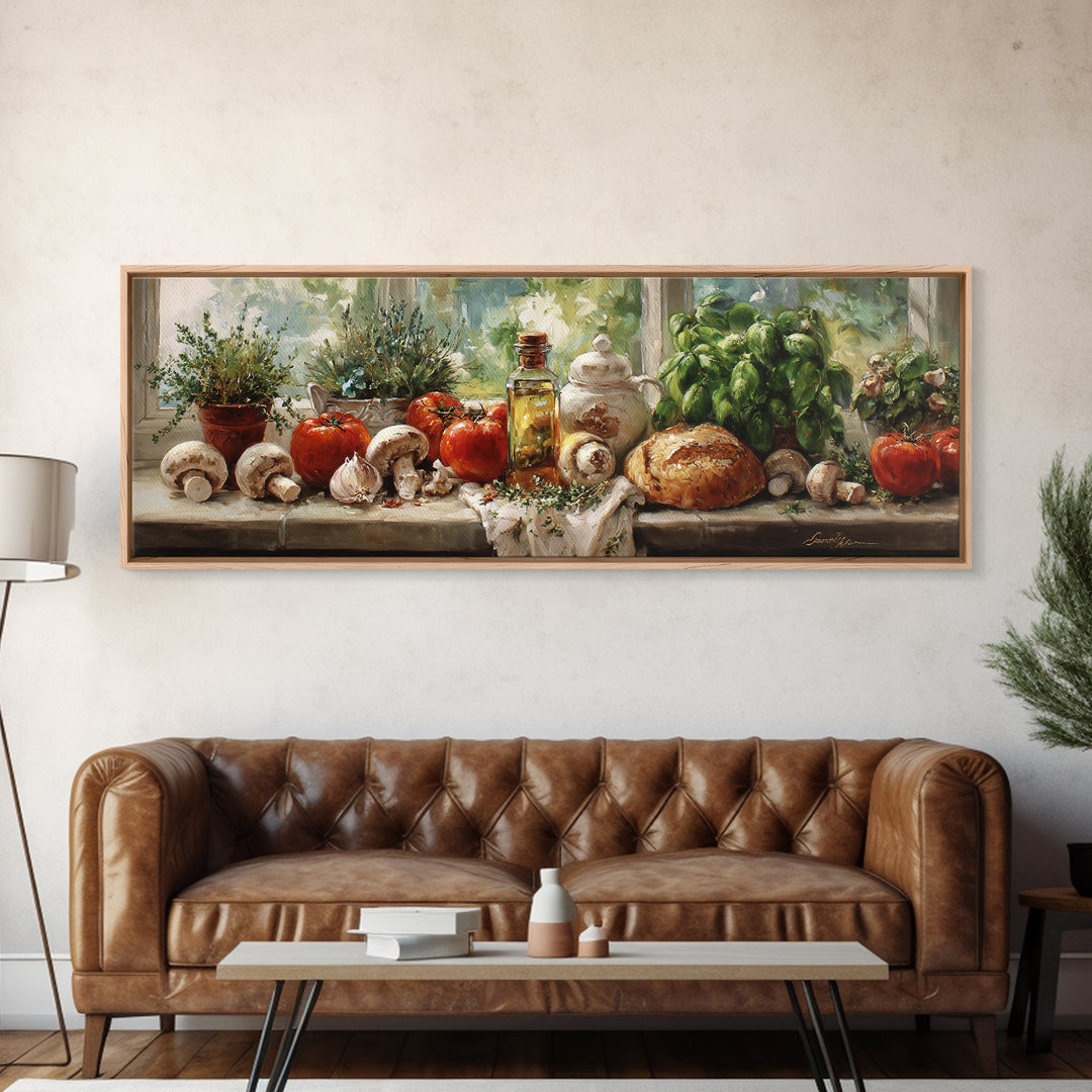 Mushrooms and Thyme Botanical Study Framed Canvas Print, Kitchen Art, Contemporary Art, Kitchen Decor, Oil Painting, Kitchen, KIT-3x1-55