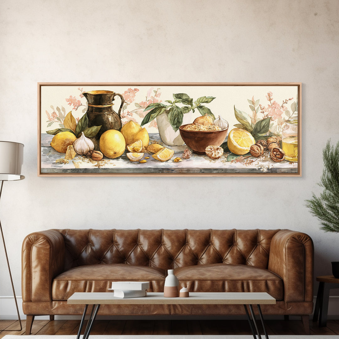 Pasta Lemons and Basil Mediterranean Still Life Framed Canvas Print, Kitchen Art, Coffee Art, Kitchen Decor, Fine Art, Kitchen, KIT-3x1-57