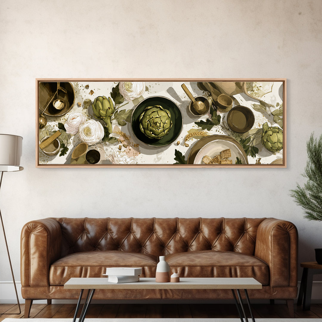 Artichoke Closeup in Painterly Green Tones Framed Canvas Print, Kitchen Art, Boho Decor, Kitchen Decor, Fine Art, Kitchen, KIT-3x1-60