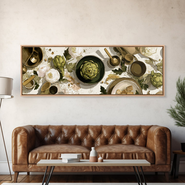 Artichoke Closeup in Painterly Green Tones Framed Canvas Print, Kitchen Art, Boho Decor, Kitchen Decor, Fine Art, Kitchen, KIT-3x1-60