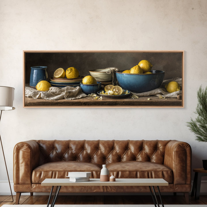 Lemons and Blue Ceramic Bowl Still Life Canvas Print, Kitchen Art, Printable Art, Kitchen Decor, Kitchen, Coffee Wall Art, KIT-3x1-66