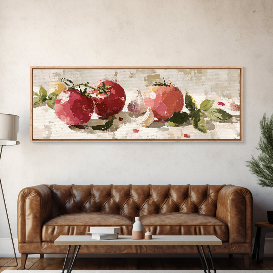Tomatoes Garlic and Basil on Linen Framed Canvas Print, Kitchen Art, Digital Art, Kitchen Decor, Kitchen, Minimalist Wall Art, KIT-3x1-67